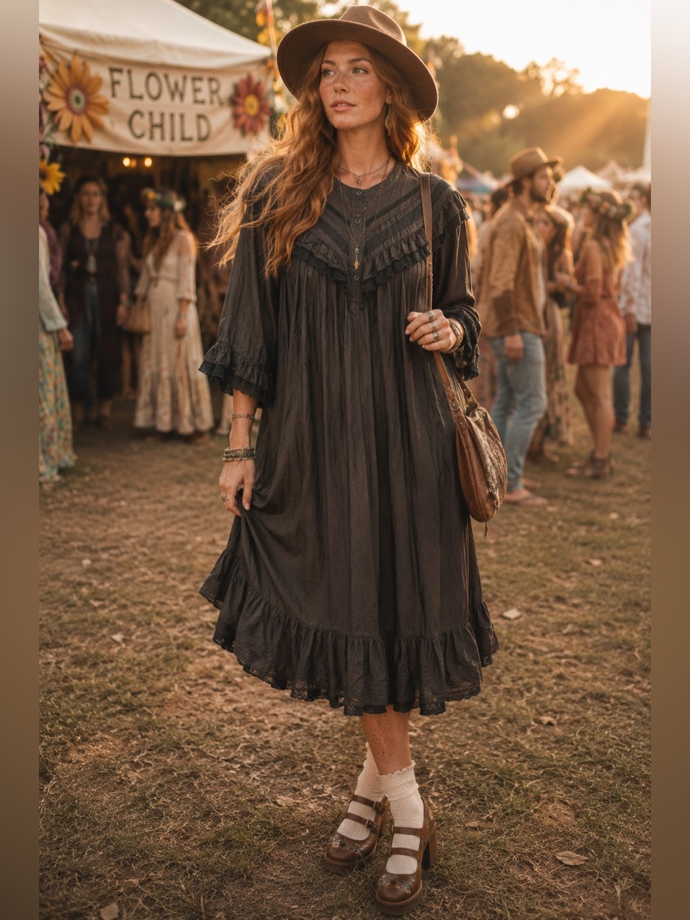 Vintage Desiree Cotton Lace Ruffle Boho Prairie Midi Dress Size 42